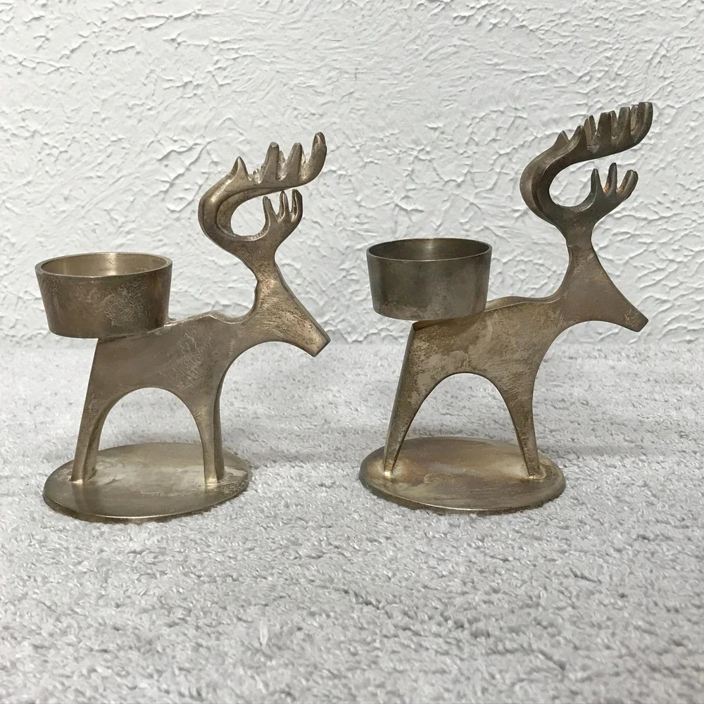 Pair of Silver Plated Brass Deer Reindeer‎ Tealight Votive Candle Holders
